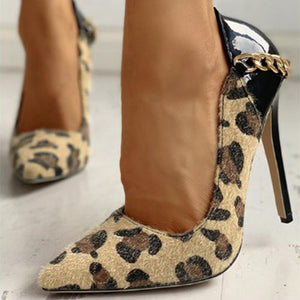Women pointed to chain stiletto heels | fashion sexy heels | snakeskin leopard high heels