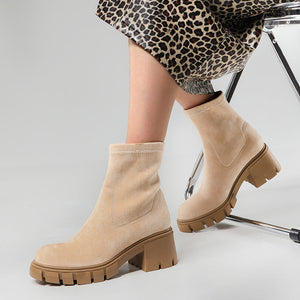 Women faux suede chelsea boots | High top slip on winter boots | Chunky heel platform boots