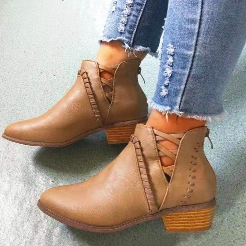 Women short criss cross hollow chunky heeled booties