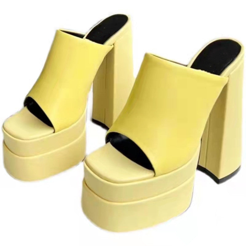 Women suqare peep toe chunky high slide platform heels