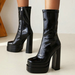 Women fashion chunky heeled platform side zipper short black boots