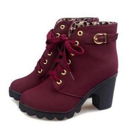 Women fashion buckle strap lace up chunky heeled booties