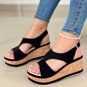 Women peep toe hollow buckle strap platform wedge sandals