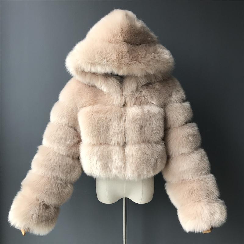 Women cropped hooded solid color long sleeve faux fur coat