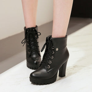 Women England style criss cross lace up chunky high heel platform boots