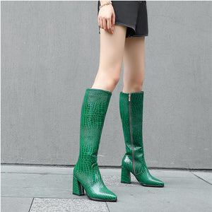 Women crocodile pattern chunky heel pointed toe knee high boots