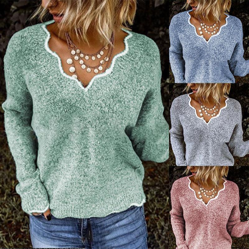 Women Gray Solid Color Holiday Floral V Neck Sweater