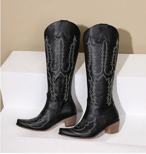 Women vintage embroidered chunky heel side zipper fall boots