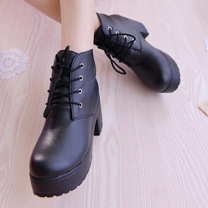Women ankle short solid color lace up chunky heel platform boots