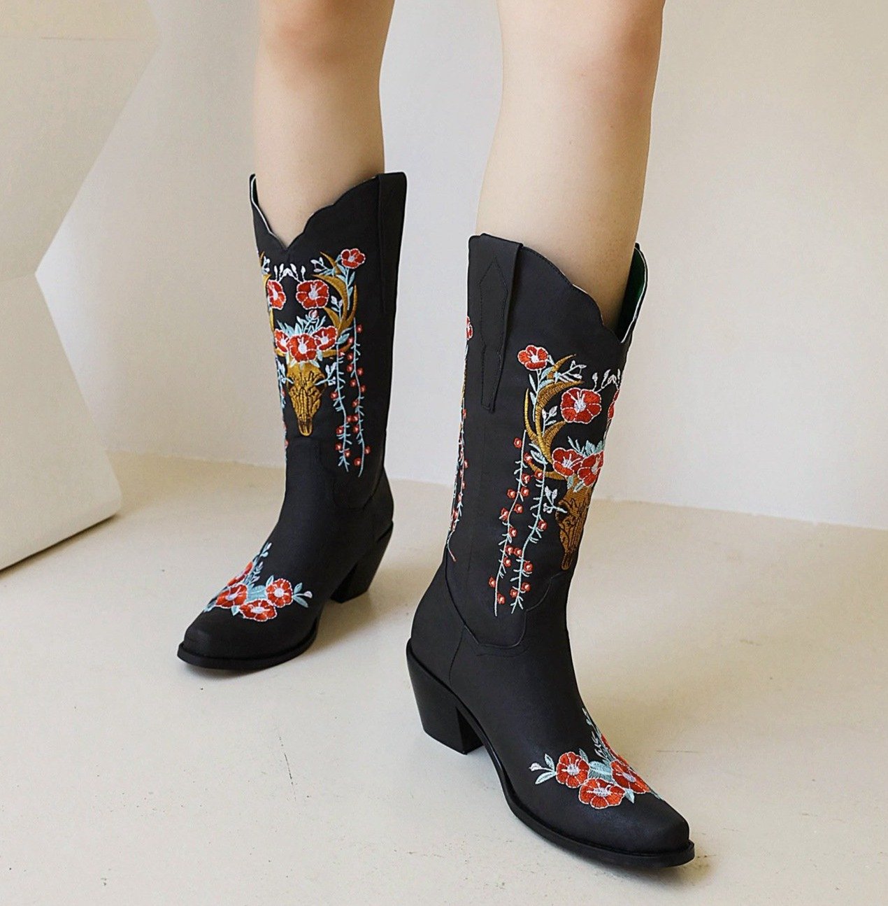 Women mid calf flower embroidered chunky heel cowboy boots