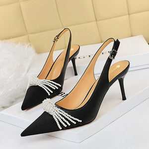 Women rhinestone bowknot color block closed toe slingback stiletto heels