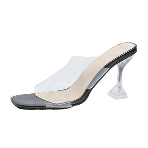 Women clear criss cross square peep toe slip on stiletto heels