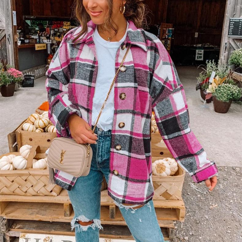 Women color block turn-down collar long sleeve plaid coat