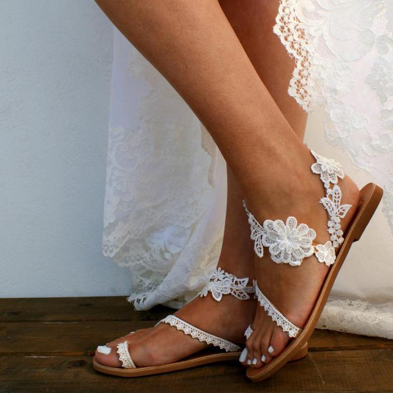 White floral lace sandals for wedding ring toe beach sandals