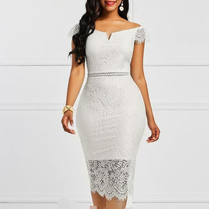 Elegant Lace bodycon midi pencil dress | Short sleeves formal cocktail party prom evening dress