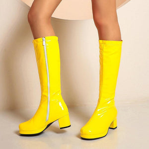 Women solid color block heel platform PU patent leather mid calf boots