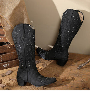 Women rhinestone flower hollow chunky heel knee high boots