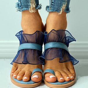 Women ruffle strap ring toe slide flat sandals