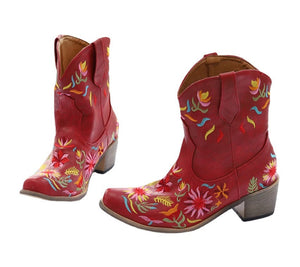 Women cowgirl boots | Fall winter embroidered boots | Chunky heel short boots