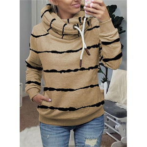 Women stripe printed winter fall drawstring hoodie sweatshirt