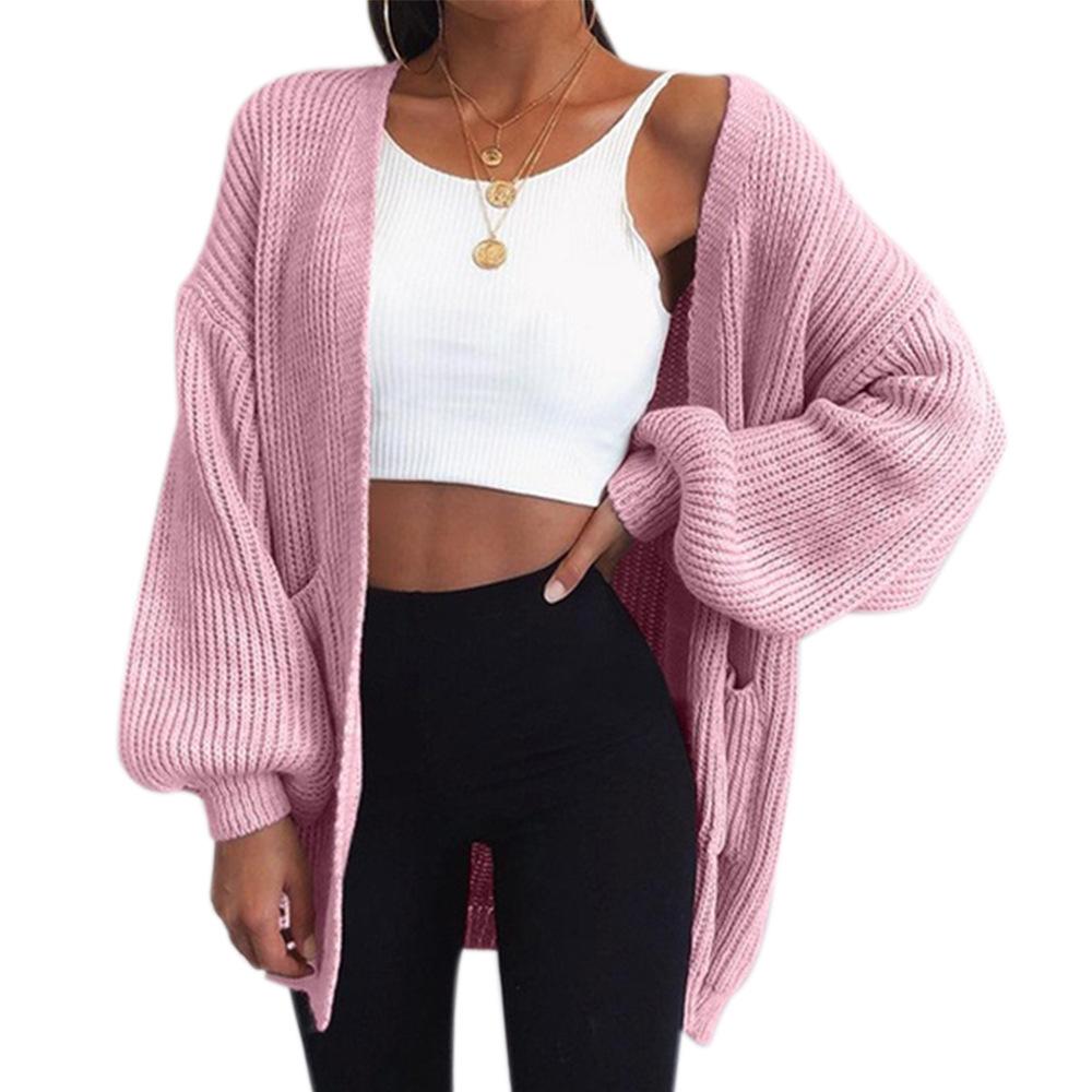 Women long sleeve solid color loose knitted cardigan