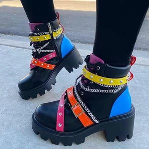 Women fashion studded chain decor chunky heel platform ankle boots