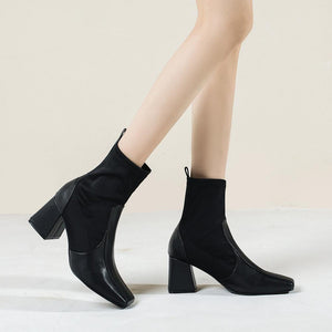 Women solid color chunky high heel short square toed boots