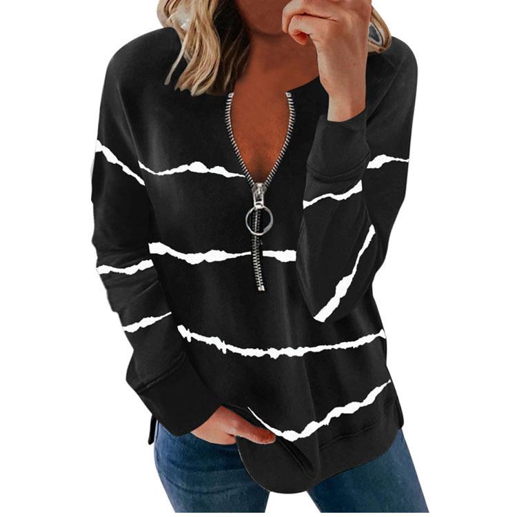 Women zipper v neck long sleeve striped t shirt