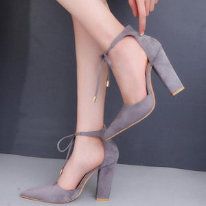 Women elegant pointed toe ankle lace up chunky heels