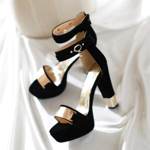 Women ankle buckle strap chunky peep toe platform heels