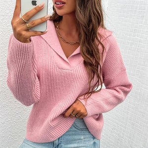 Women turn-down collar v neck long sleeve knit sweater