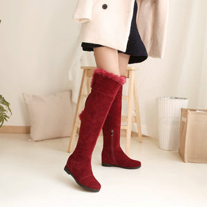 Women winter fuax fur warm flat heel over the knee snow boots