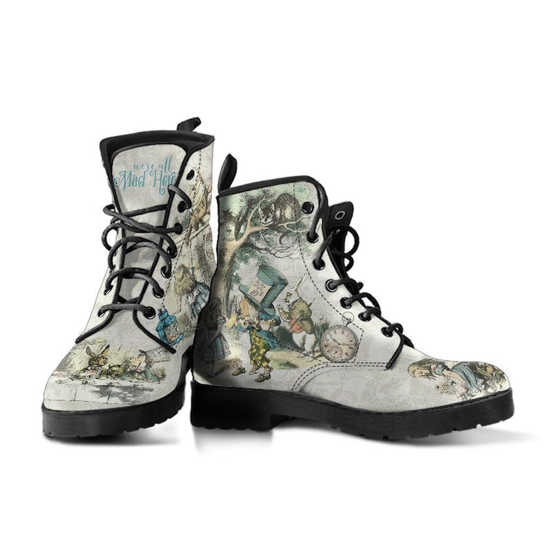 Women beige cartoon print chunky platform short lace up boots