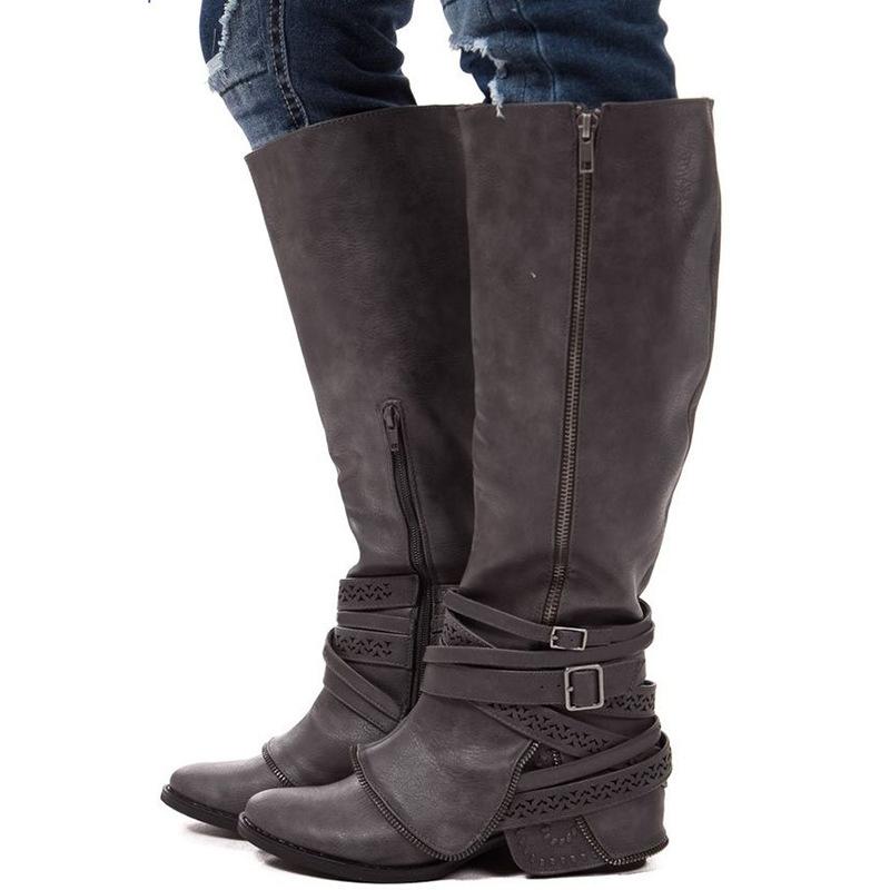 Women buckle strap hollow chunky heel side zipper knee high boots