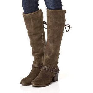 Women chunky heel back lace up knee high boots