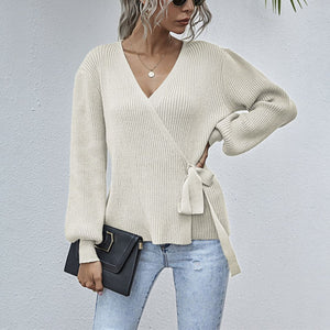 Women v neck bowknot lantern sleeve wrap sweater