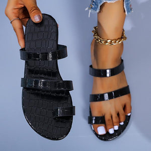 Women flat ring toe 2 straps sequin bing slide sandals