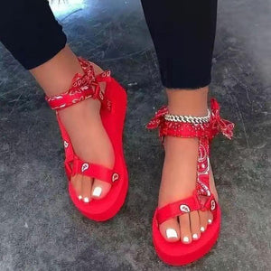Women bowknot printed velcro support strap platform sandals