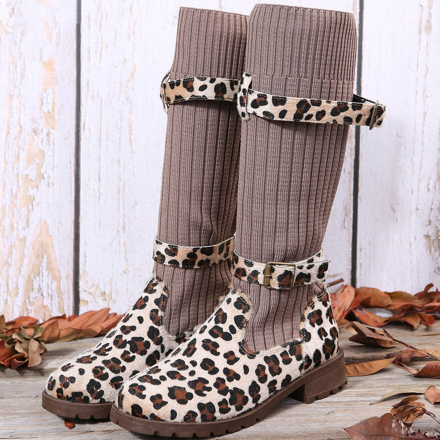 Women sock double buckle strap chunky heel mid calf boots