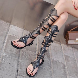 Women summer fashion studded hollow breathable knee high gladiator sandals