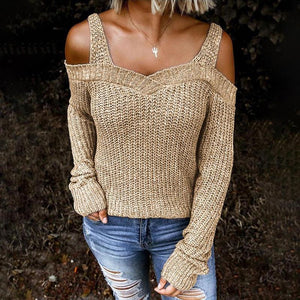 Women knit straps long sleeve off shoulder sweater