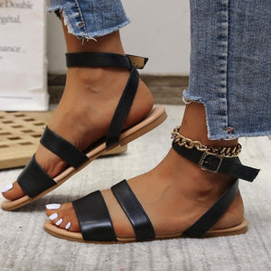 Women peep toe two strap ankle buckle strap flat sandals