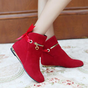 Women fashion lace bowknot front zipper short flat boots