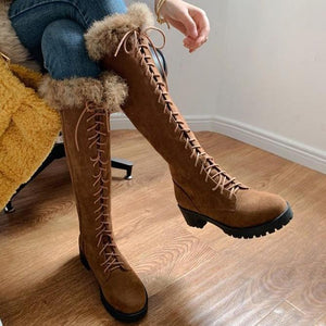 Women chunky heel knee high faux fur winter lace up boots