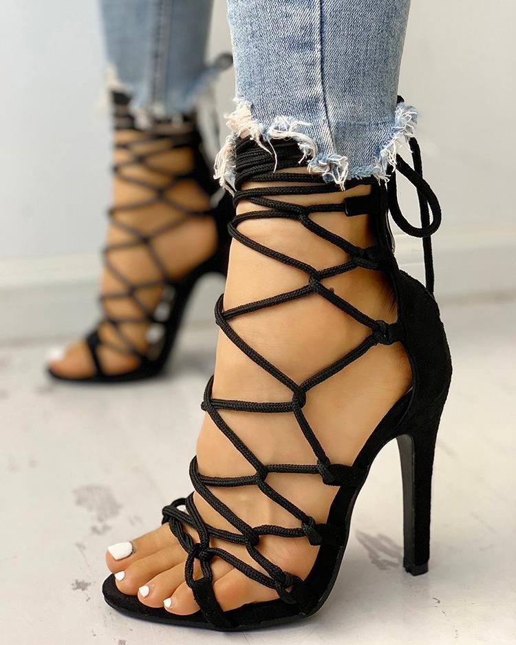Women stiletto peep toe criss cross strappy lace up heels