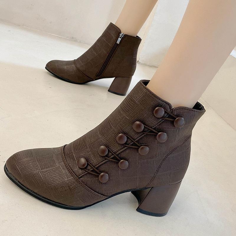 Women double breasted chunky heel side zipper ankle boots