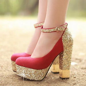 Women sexy glitter ankle strap platform chunky high heels