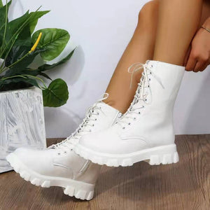 Women combat boots England style mid calf chunky platform boots with side zipper