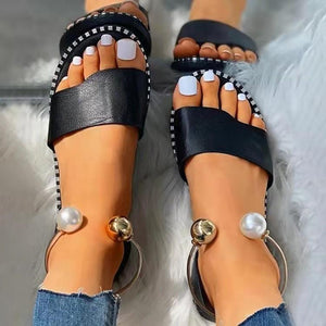 Women fashion slip on open toe flat rhinestone sandals