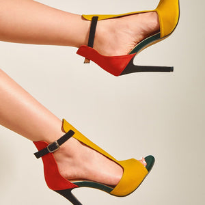 Women color block side cut peep toe buckle strap stiletto heels